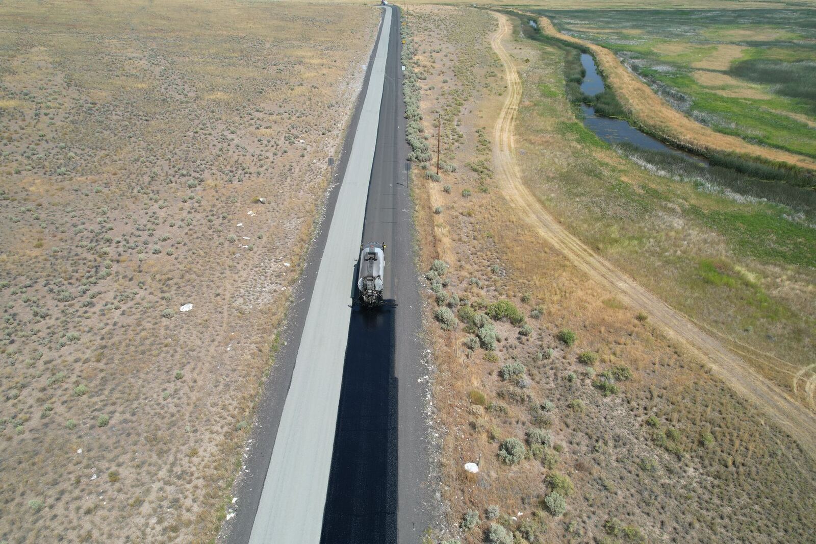 Aerial photo of a road under construction in Harney County, Oregon, USA.