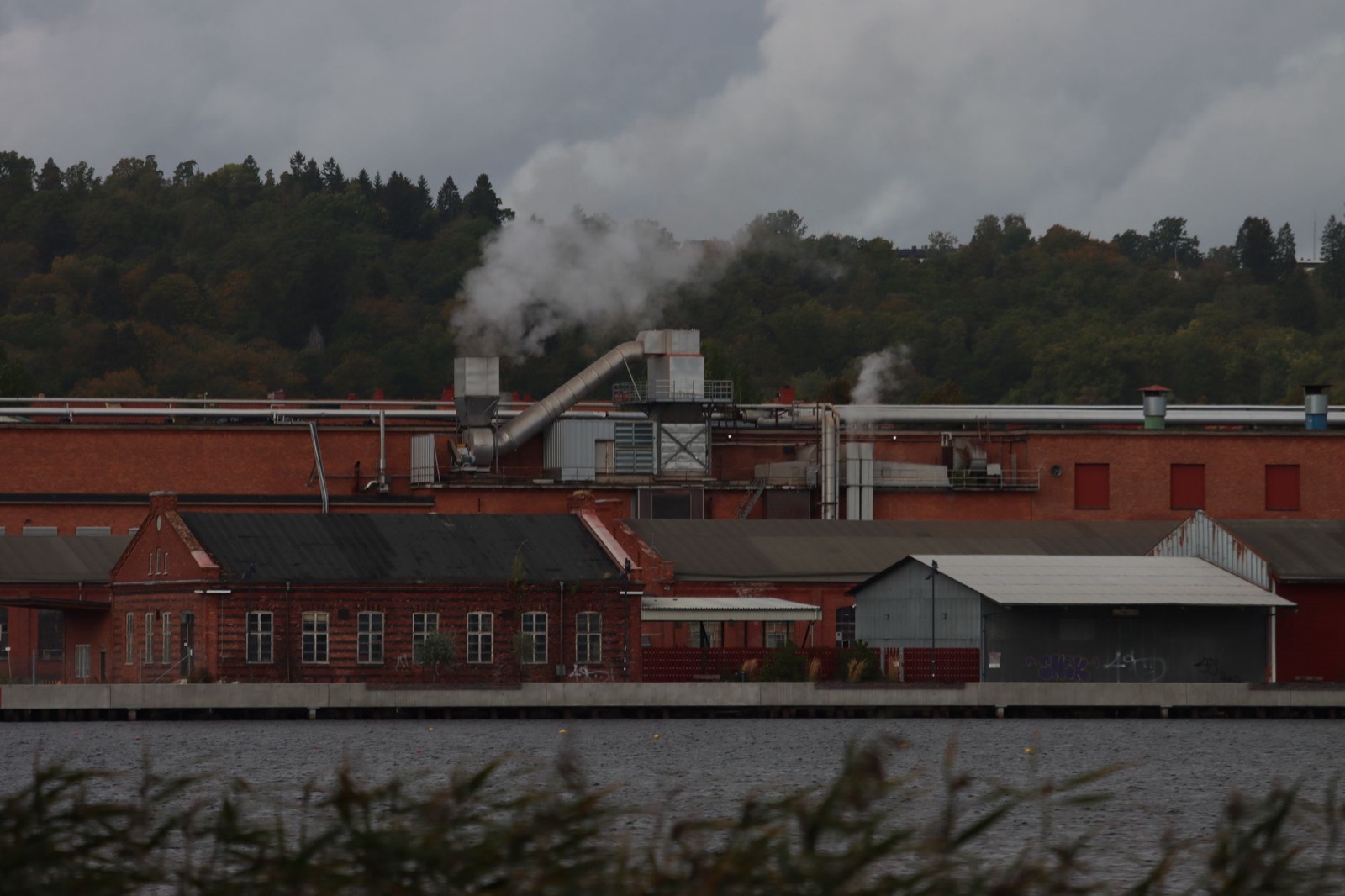 A factory with smoke emitting from chimneys along a river, surrounded by trees.
